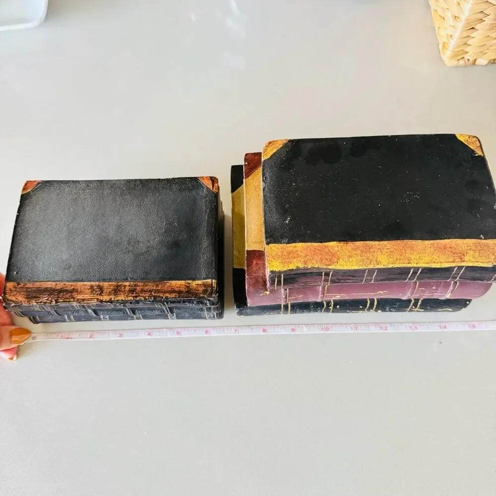 VINTAGE Black Red Burgundy Gold Painted Faux Book Bookends Rustic Shelf Decor